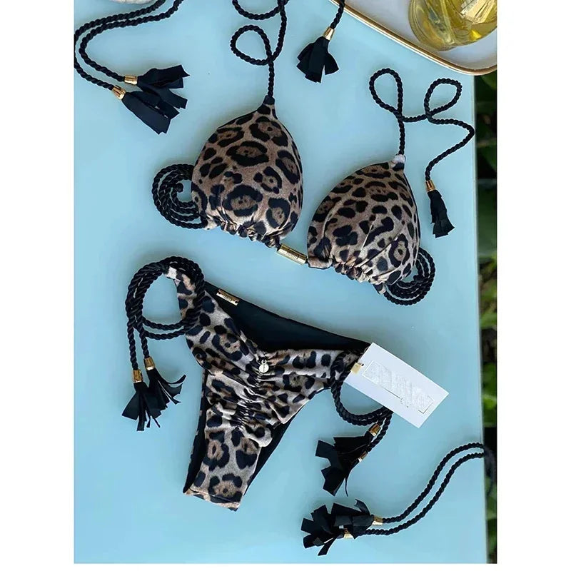 OIINAA Swimsuit Women Bikinis Set Sexy Drawstring Bikini Beachwear Leopard Two-pieces Swimwear Bathing Suit Lace Up Bikini Set